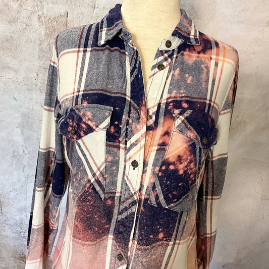 Sz S Hand Bleached Flannel Plaid Shirt Ombré Vintage