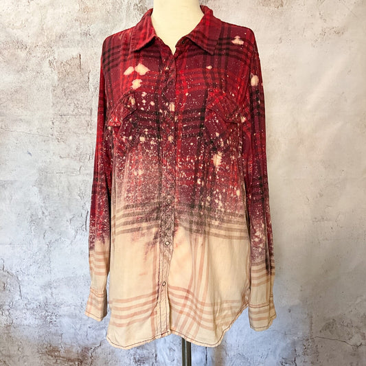 Sz XL Tie Dye Bleached Flannel Plaid Shirt Distressed Rodeo