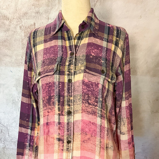 Sz S Hand Bleached Flannel Plaid Shirt Pastel Boho Tie Dye