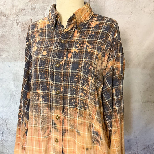 Sz L Hand Bleached Flannel Plaid Shirt Rodeo Farmhouse OOAK