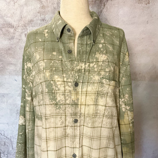 Sz L Hand Bleached Tie Dye Flannel Plaid Shirt Grunge OOAK