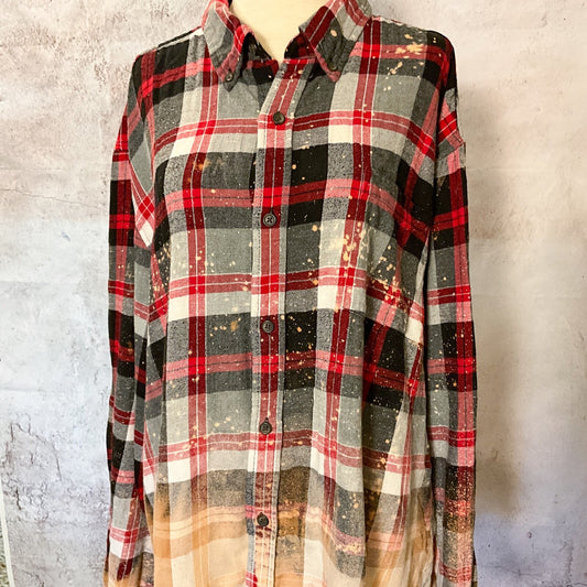Sz XL Hand Bleached Flannel Buffalo Plaid Shirt Western Wear