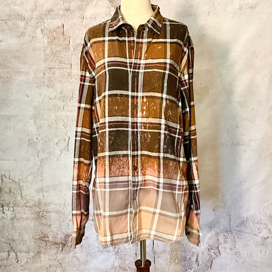 Sz M Bleached Flannel Plaid Shirt Western Wear