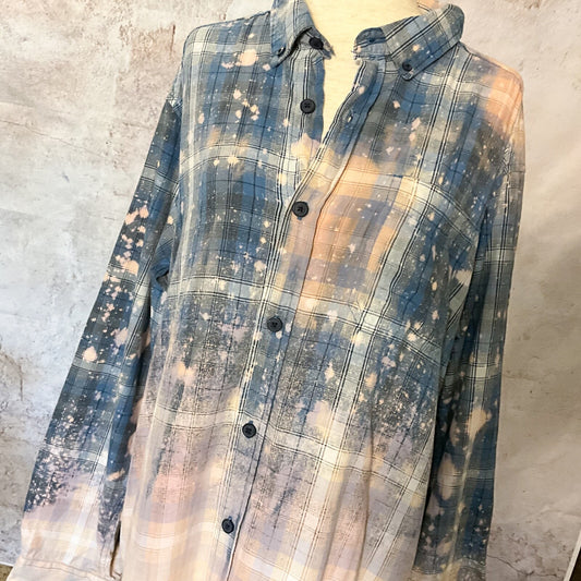 M Tie Dye Bleached Flannel Rodeo Plaid Boho Western Wear
