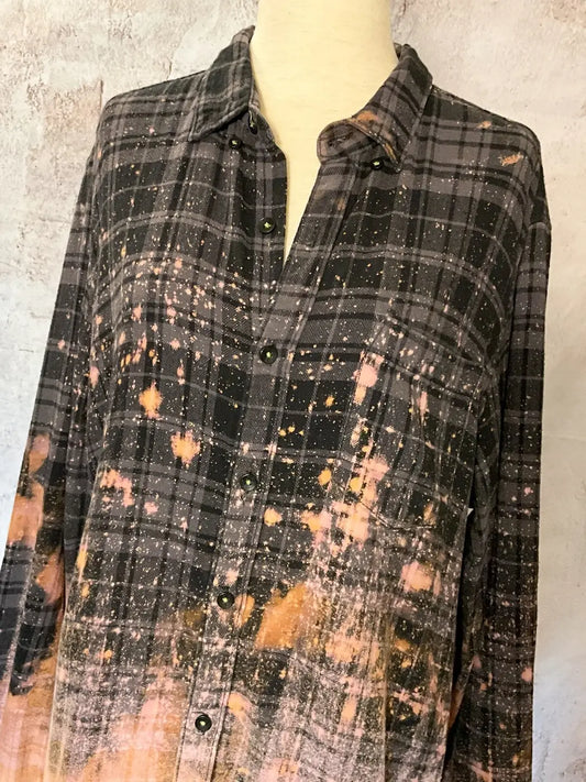 Sz L Hand Bleached Flannel Plaid Shirt Grunge Vintage